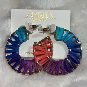 New Amrita Singh Rashida Raffia rainbow blue hoop earrings.